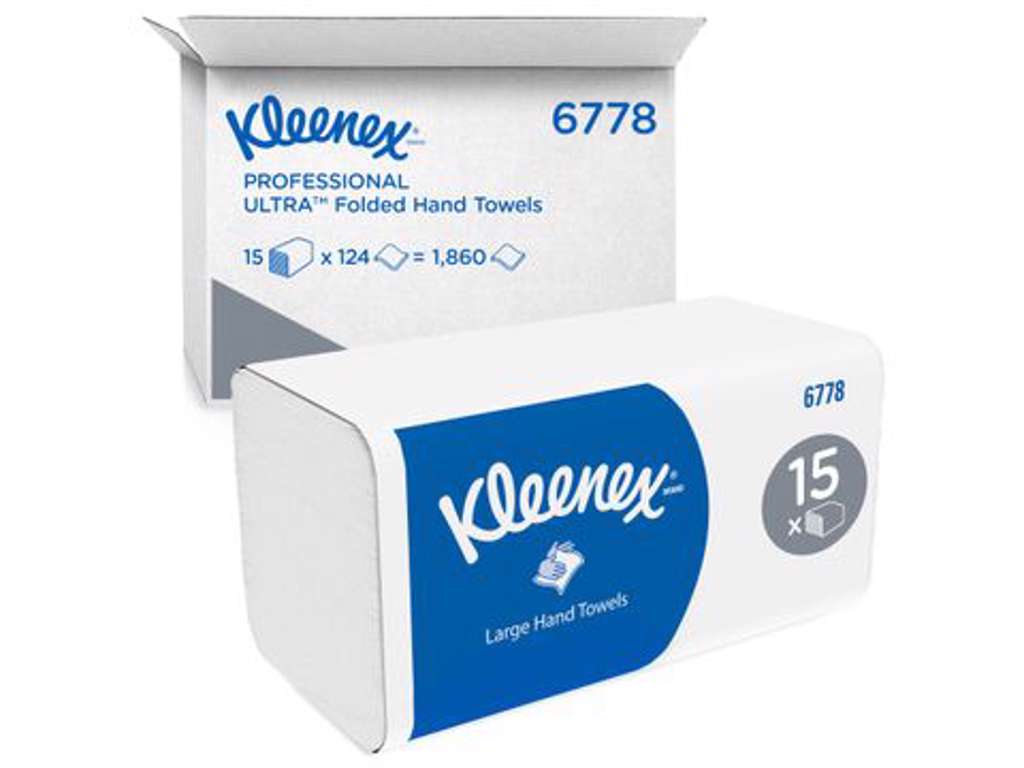 Papirhåndklæder, 2-lags, 31,5 x 21,5 cm – Kleenex® Professional Ultra Folded Hand Towels, 15 x 124 stk. (1.860 ark i alt)